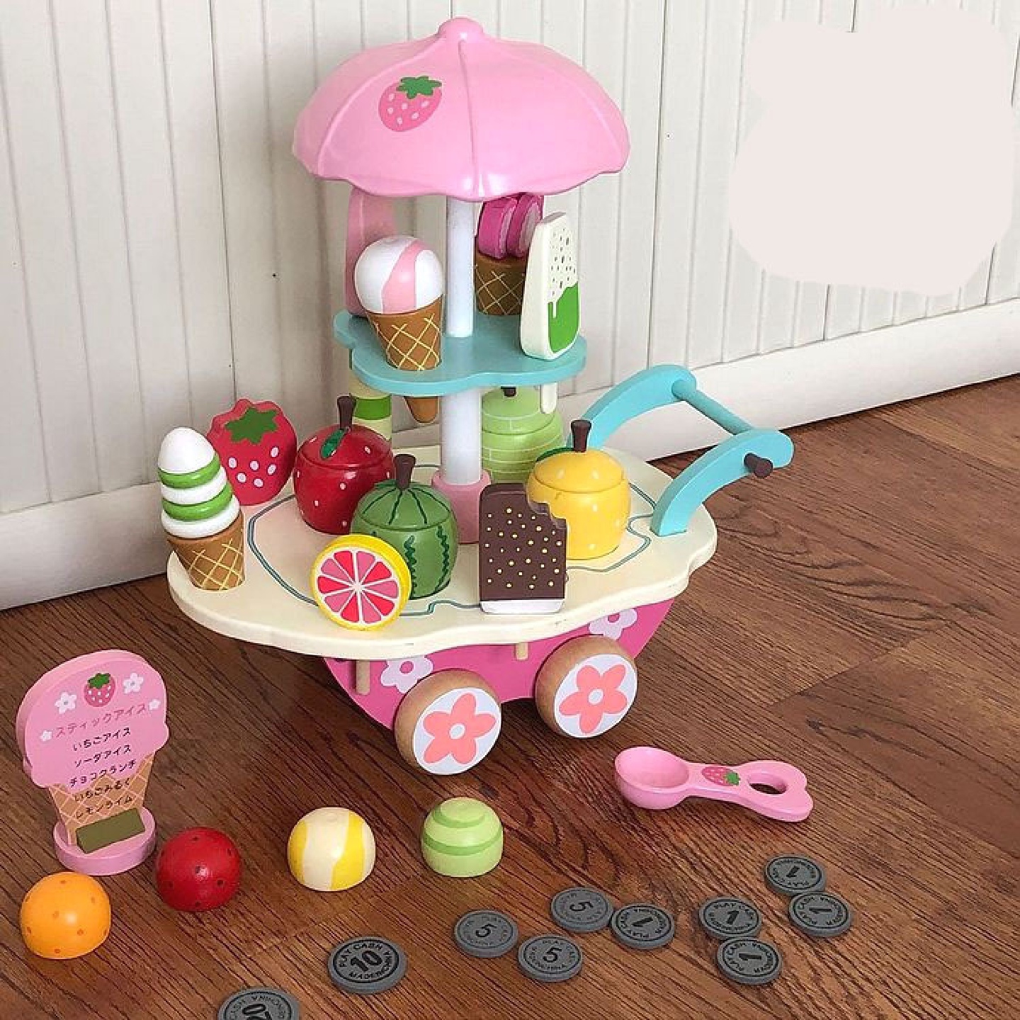 男女孩木制仿真冰淇淋甜筒雪糕屋冰激凌车儿童过家家推车玩具套装