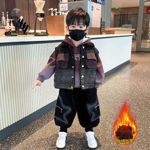儿童男童加绒卫衣套装2025宝宝秋冬季衣服男孩牛仔加绒马甲三件套