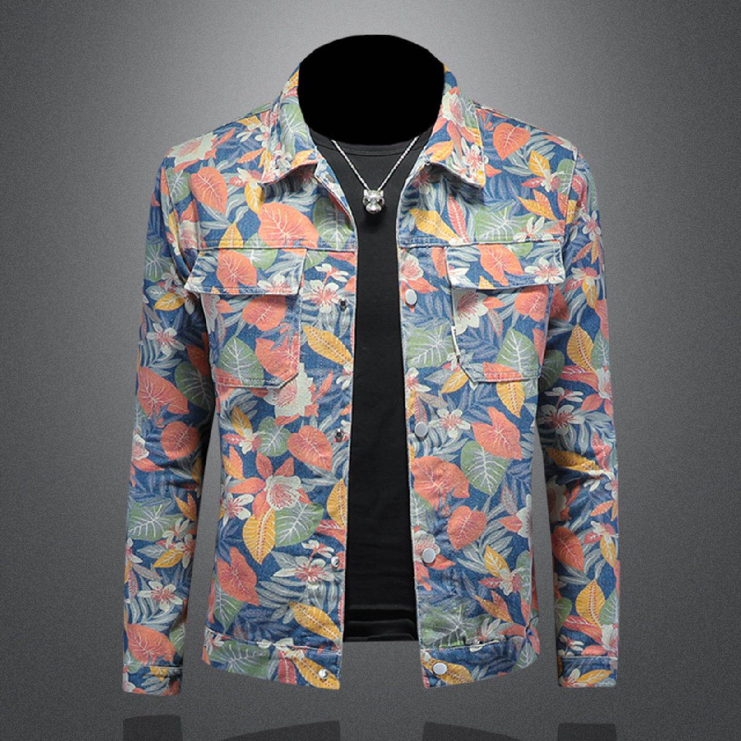 2026欧洲站牛仔花外套男士春秋季新款潮流韩版设计感休闲翻领夹克