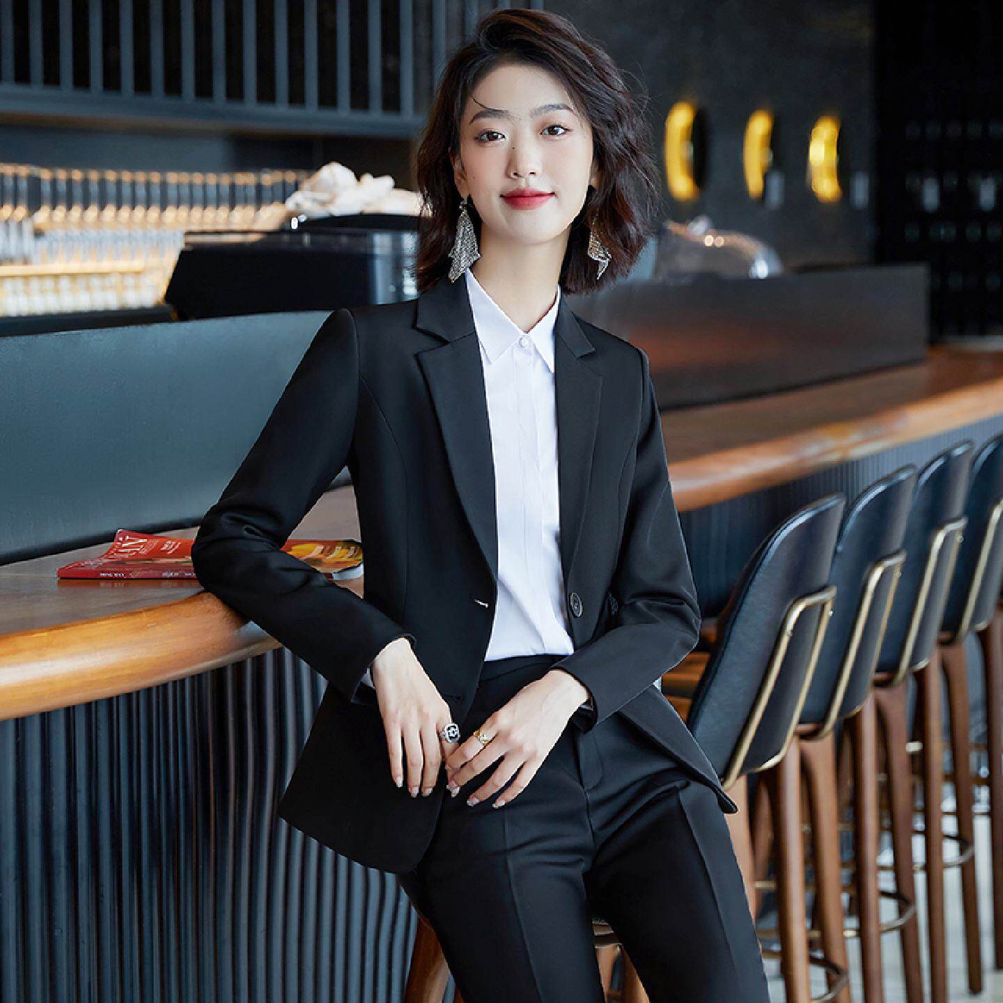 西装套装女春秋高级感职业正装大学生面试西服黑色工装气质工作服