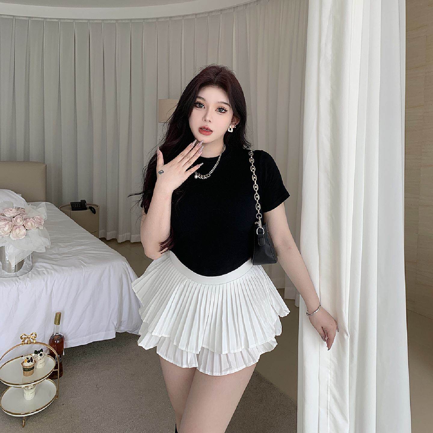 芯芯【仲夏之夜】微胖女孩大码黑色T恤上衣高腰显瘦蛋糕裙套装女