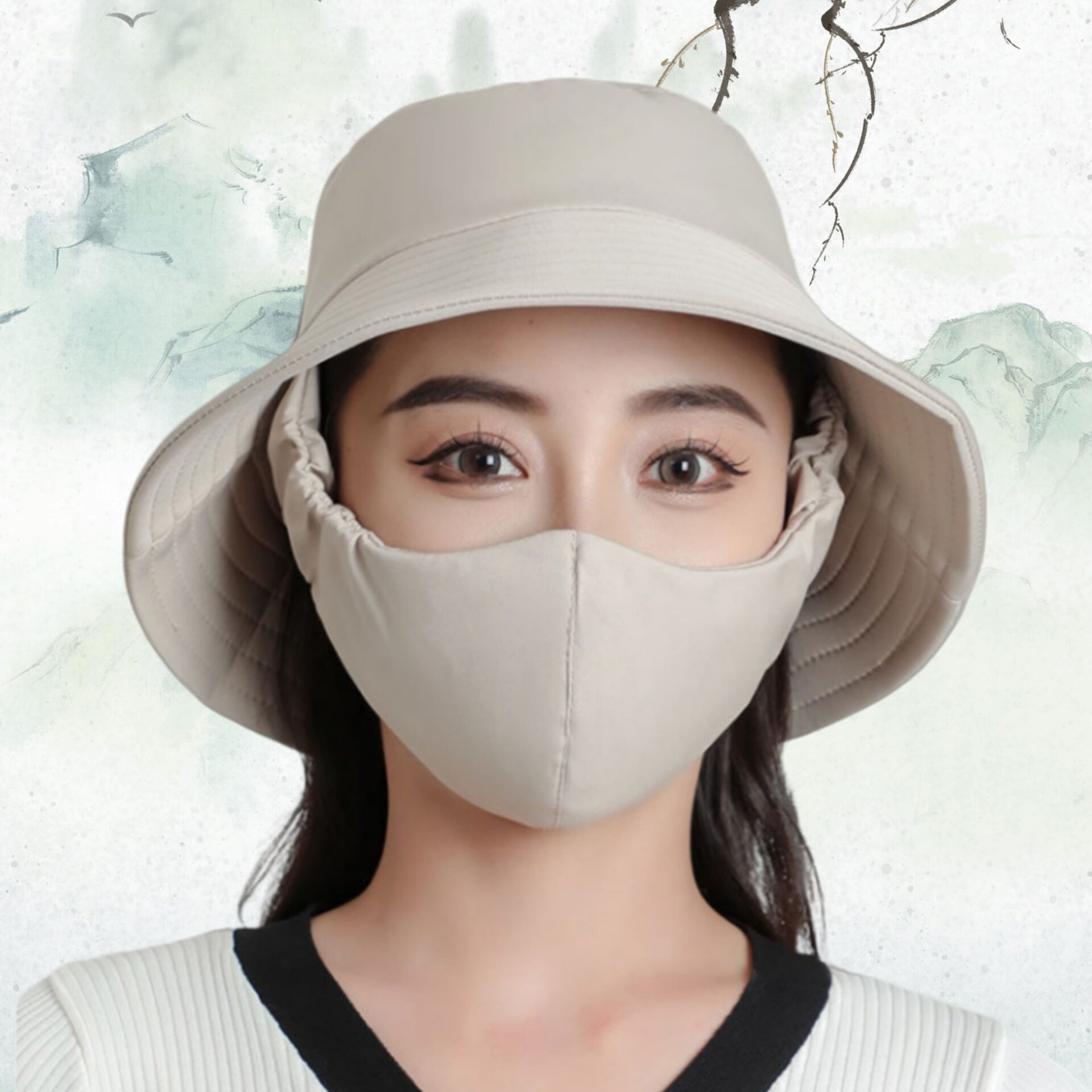 夏季新款口罩一体防晒帽遮阳大沿干活紫外线采茶太阳渔夫帽女妈妈