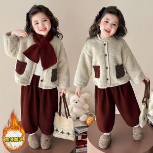 女童套装秋冬款新款儿童2025新款加绒冬装宝宝毛毛衣外套冬季衣服