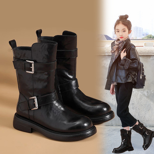 女童马丁靴春秋冬二棉女孩中筒靴中大童防滑软底加绒简约儿童短靴