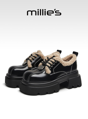 millies妙丽厚底加绒保暖乐福鞋女款秋冬新款毛绒小皮鞋深口单鞋