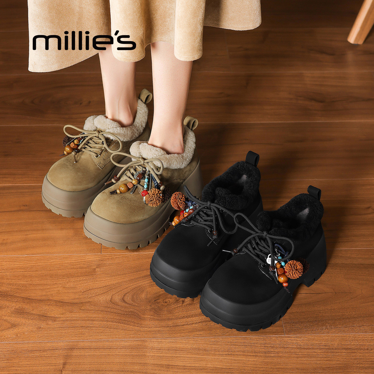 millies妙丽厚底增高毛绒勃肯鞋