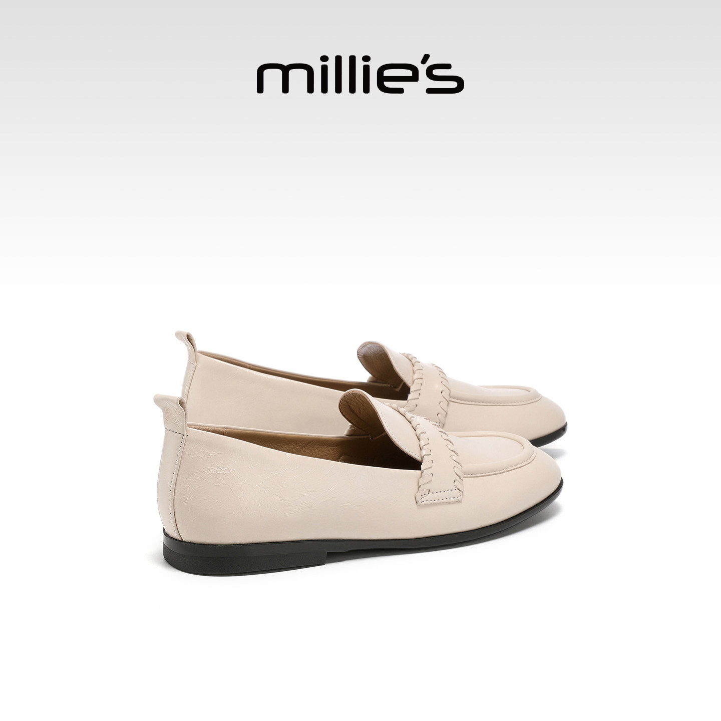 MILLIE'S/妙丽真皮米色乐福鞋女鞋平底一脚蹬舒适豆豆鞋春季新款,女鞋,乐福鞋（豆豆鞋）,淘宝优惠券,粉丝福利购,淘宝优惠卷