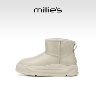 millies妙丽厚底雪地靴女冬季 棉靴皮面短靴子 加绒保暖短筒面包鞋