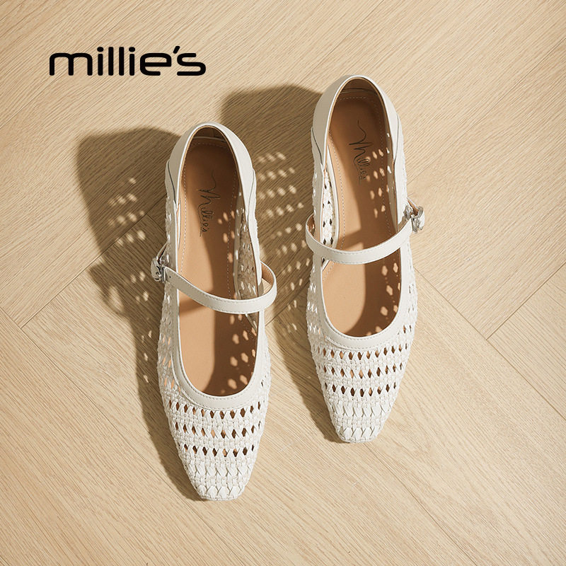 MILLIE'S/妙丽女士复古编织镂空浅口一字带平底单鞋2026夏季新款