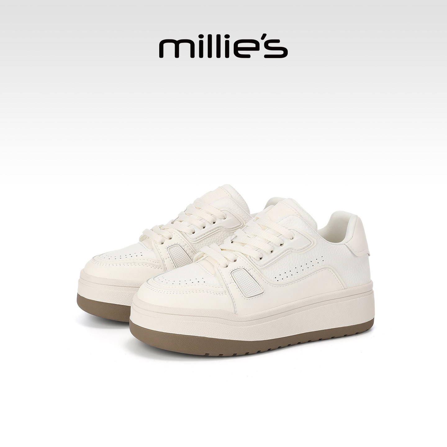 MILLIE'S/妙丽极简小白鞋女鞋厚底增高百搭休闲板鞋米色深口单鞋,女鞋,休闲板鞋,淘宝优惠券,粉丝福利购,淘宝优惠卷