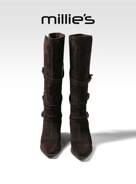 millies妙丽女鞋复古英伦风西部骑士靴2025年冬季新款加绒时装靴