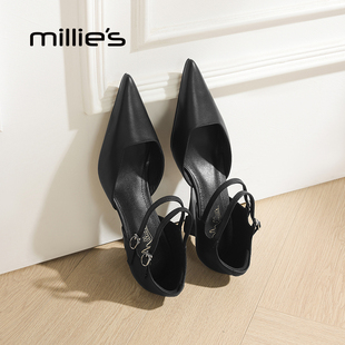 millies妙丽黑色尖头性感气质高跟鞋女夏季绝美坡跟鞋不累脚单鞋
