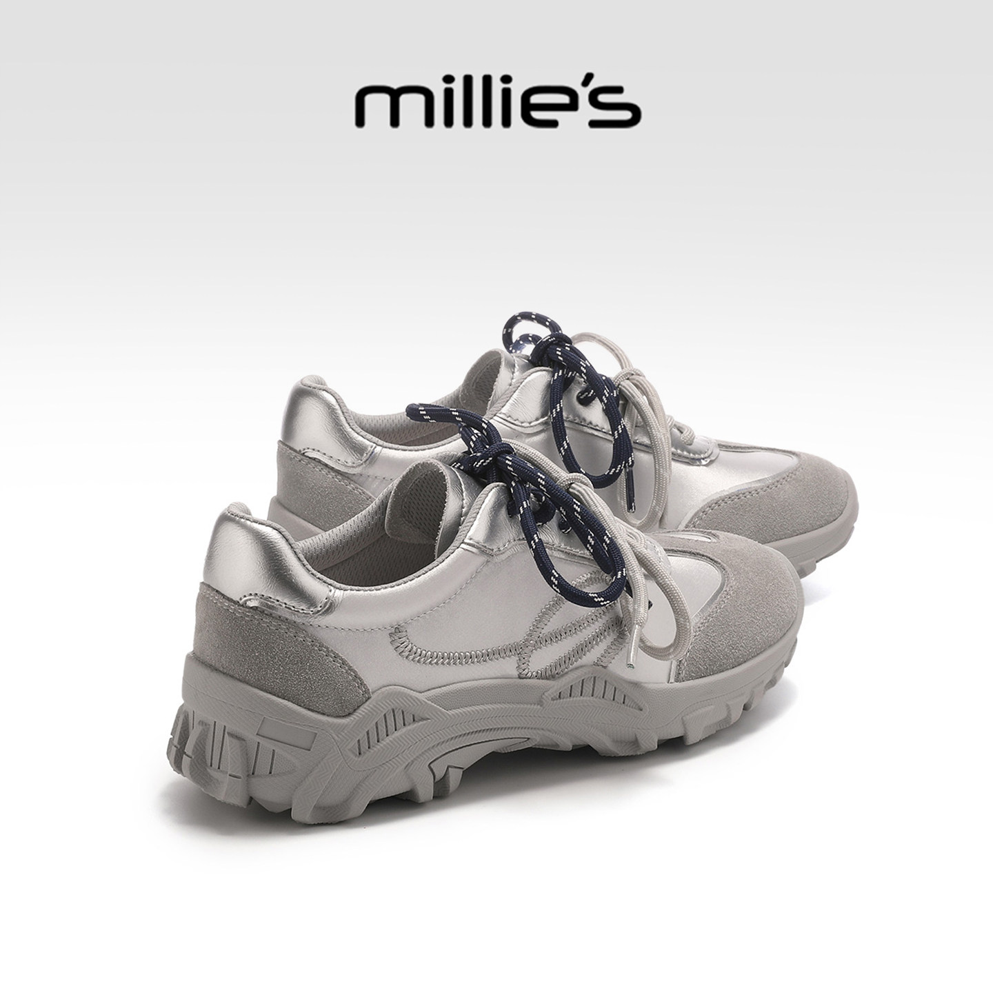 MILLIE'S/妙丽时尚银灰拼色休闲鞋女鞋2026春季新款双绑带袋鼠鞋,女鞋,工装鞋,淘宝优惠券,粉丝福利购,淘宝优惠卷