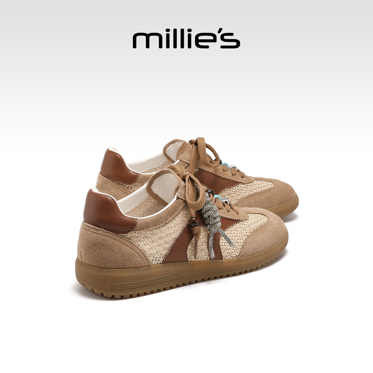 MILLIE'S/妙丽网面透气德训板鞋女款夏季镂空网面休闲小白鞋平底