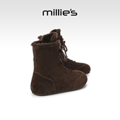 靴秋冬新款 millies妙丽牛皮小短靴加绒加厚女款 系带时装 雪地棉靴
