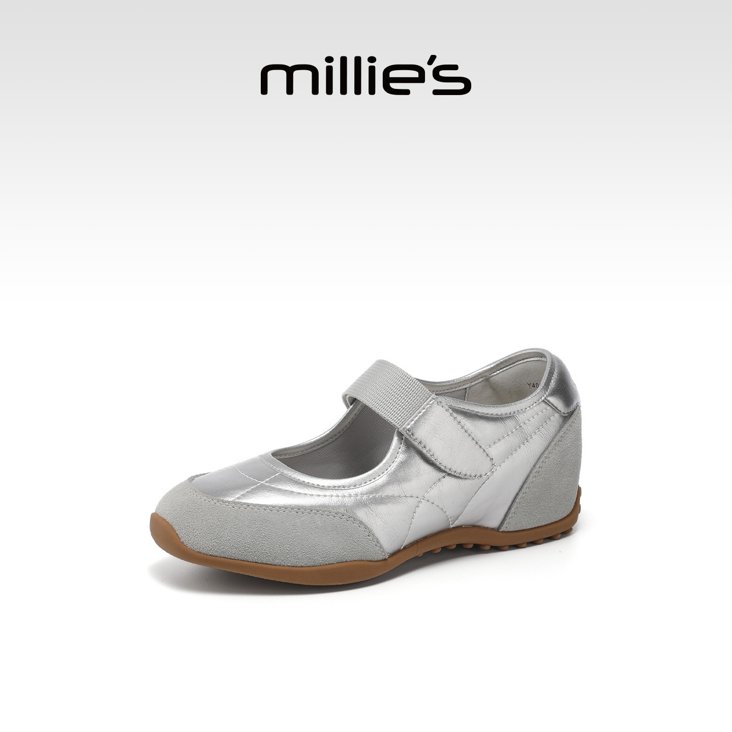 MILLIE'S/妙丽灰色玛丽珍鞋女软底内增高魔术贴温柔单鞋夏季新款