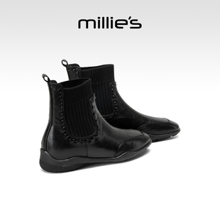 millies妙丽靴子弹力瘦瘦靴加绒女靴2025年冬季新款短筒靴时装靴