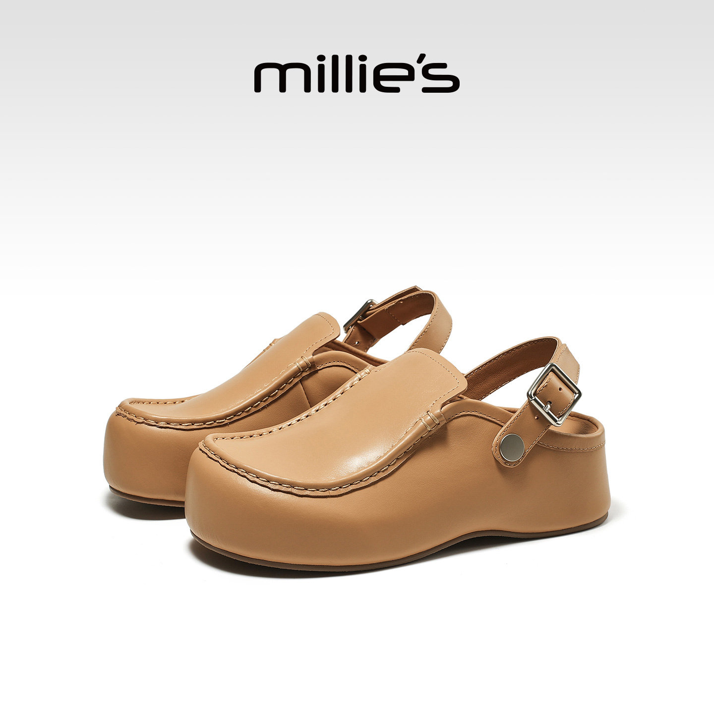 MILLIE'S/妙丽真皮勃肯鞋女款厚底增高包头拖一脚蹬2026春夏新款