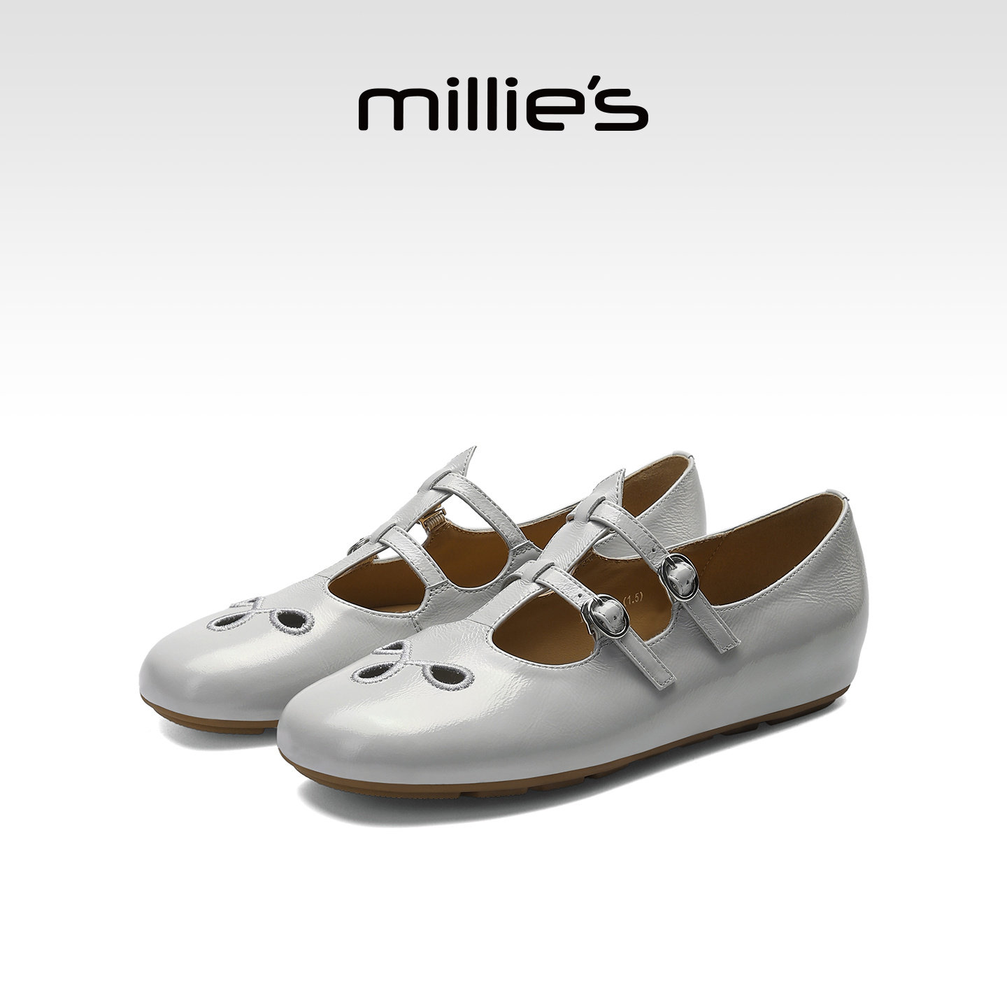 MILLIE'S/妙丽双排扣玛丽珍鞋女浅灰色真皮平底单鞋2026春季新款,女鞋,玛丽珍鞋,淘宝优惠券,粉丝福利购,淘宝优惠卷