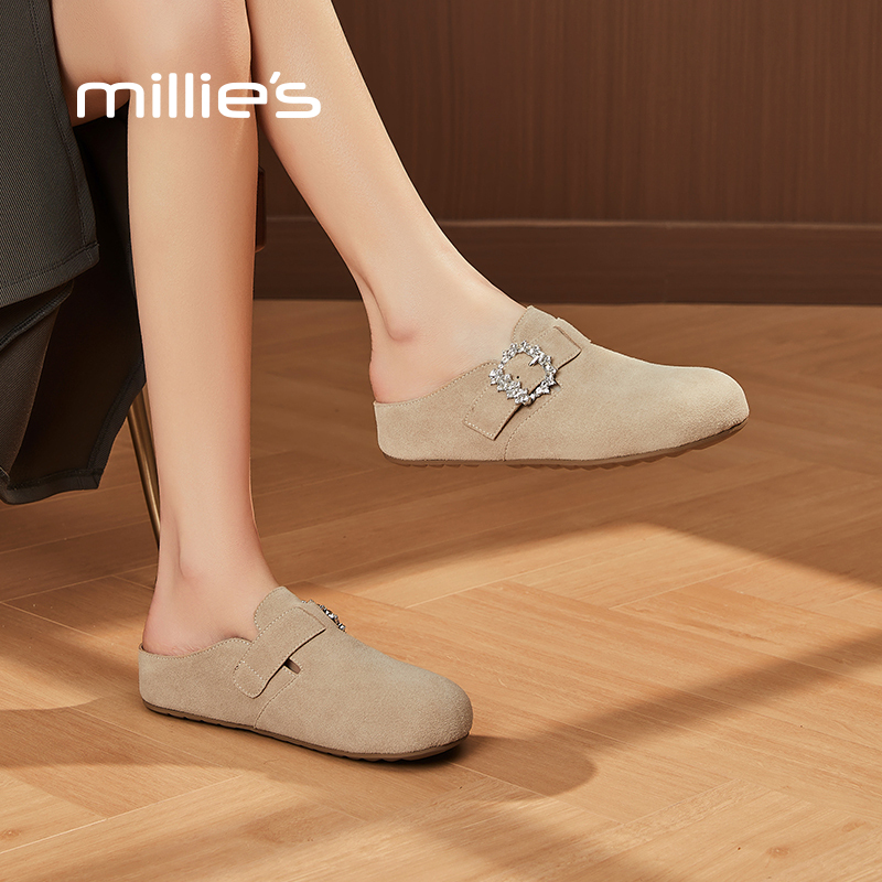 millies妙丽半拖水钻包头懒人鞋