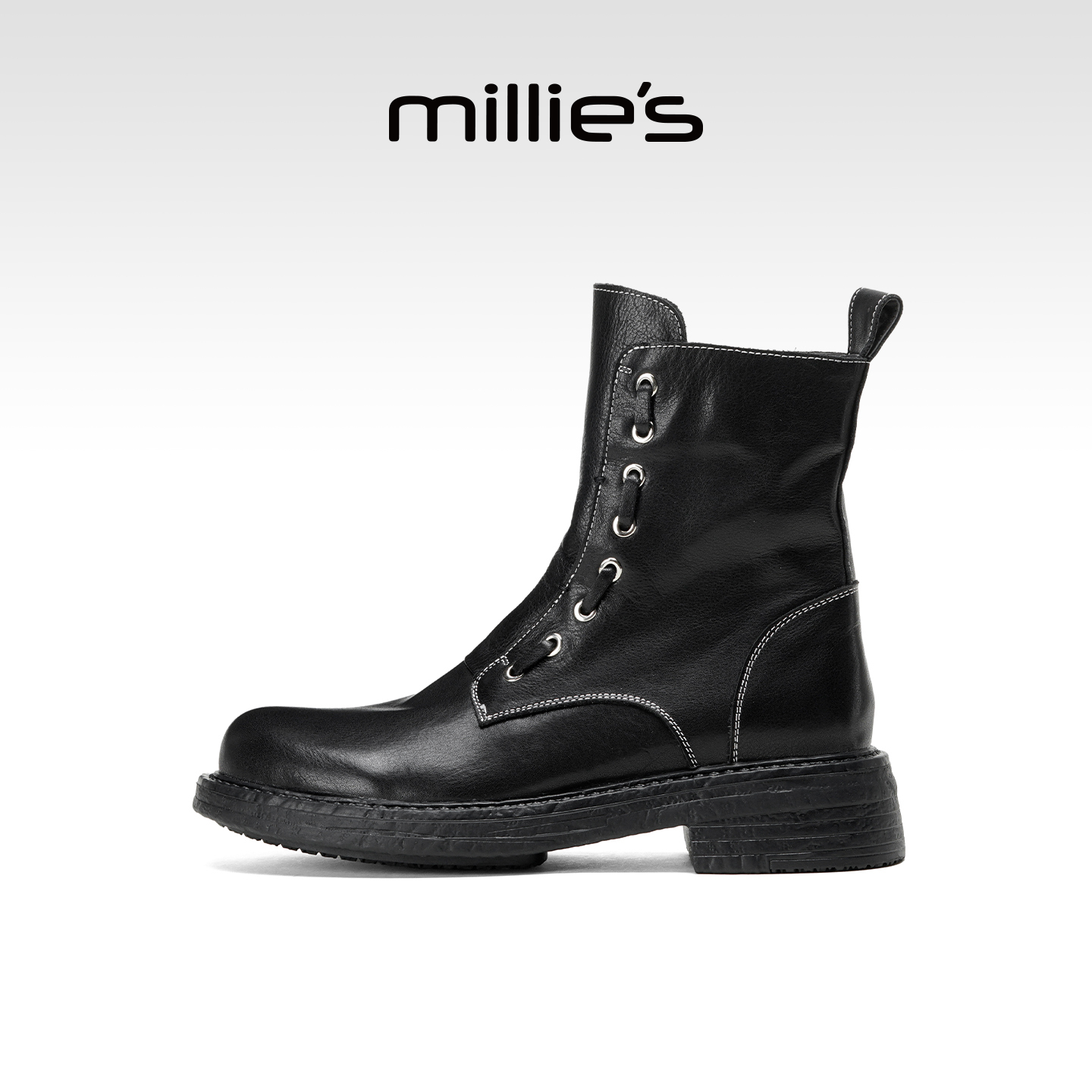 侧拉链复古机车短靴女