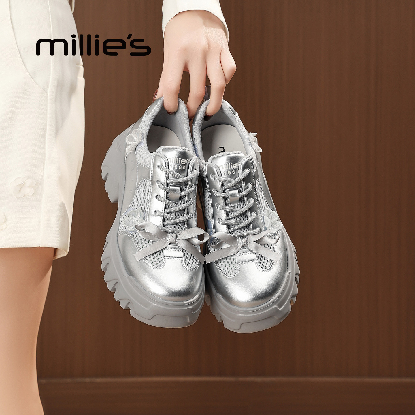 MILLIE'S/妙丽银色厚底老爹鞋女款小个子百搭休闲鞋2026春季新款