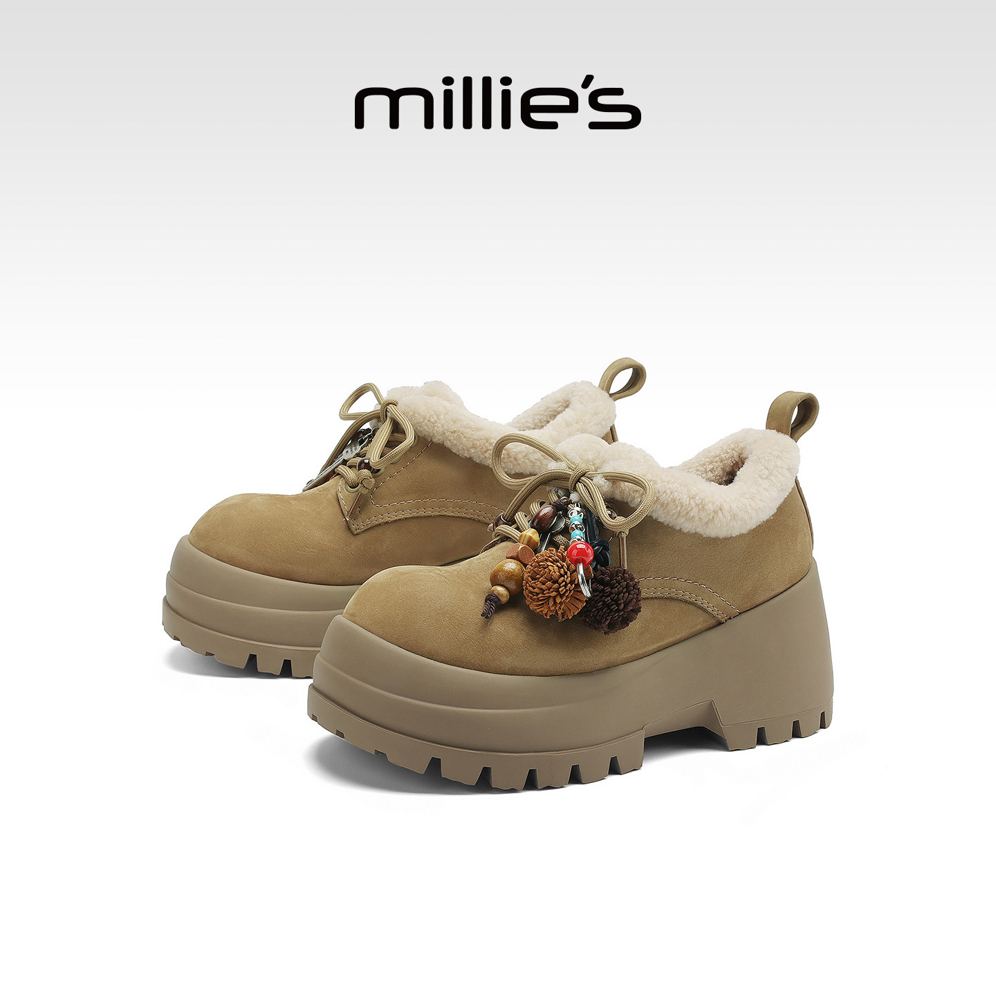 MILLIE'S/妙丽厚底增高毛绒勃肯鞋女冬季加绒保暖系带棉鞋毛毛鞋
