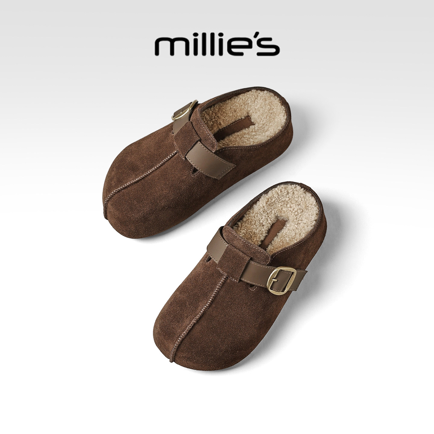 millies妙丽女鞋2025冬季新款加绒毛毛款半拖增高女款厚底勃肯鞋