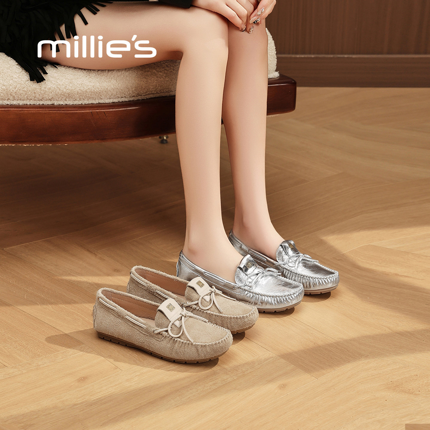 MILLIE'S/妙丽牛皮乐福鞋女款系带平底百搭休闲鞋2026春夏季新款