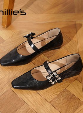 MILLIE'S/妙丽黑色方头玛丽珍鞋女款浅口单鞋气质百搭水钻一字扣