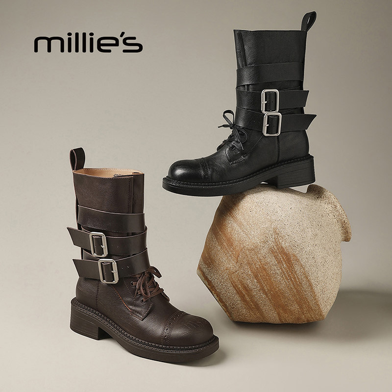 millies妙丽25秋冬季新款复古真皮皮带扣机车短靴英伦风中筒女靴,女鞋,时装靴,淘宝优惠券,粉丝福利购,淘宝优惠卷