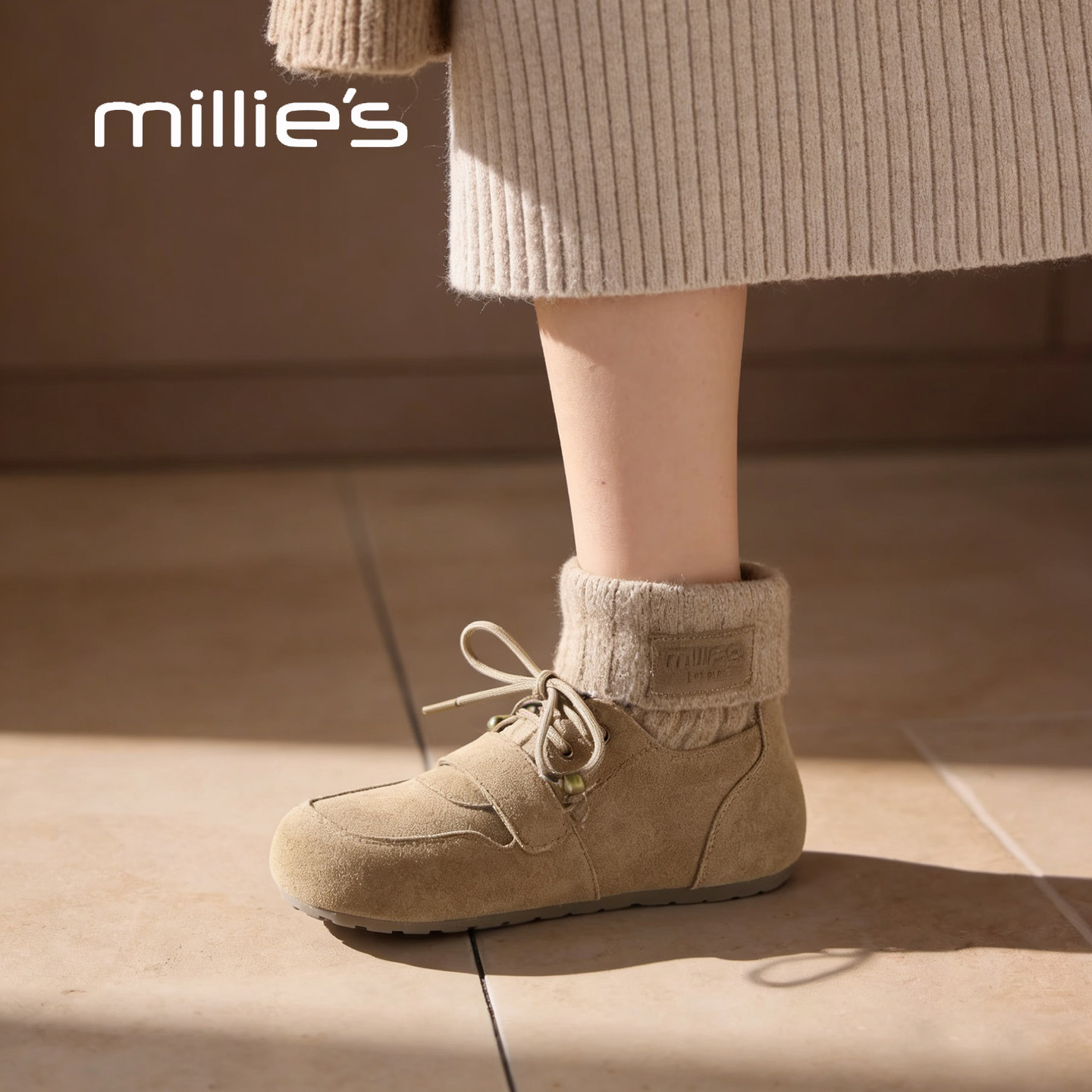 MILLIE'S/妙丽反绒皮袜靴女冬季加绒内增高系带勃肯鞋短靴棉鞋子
