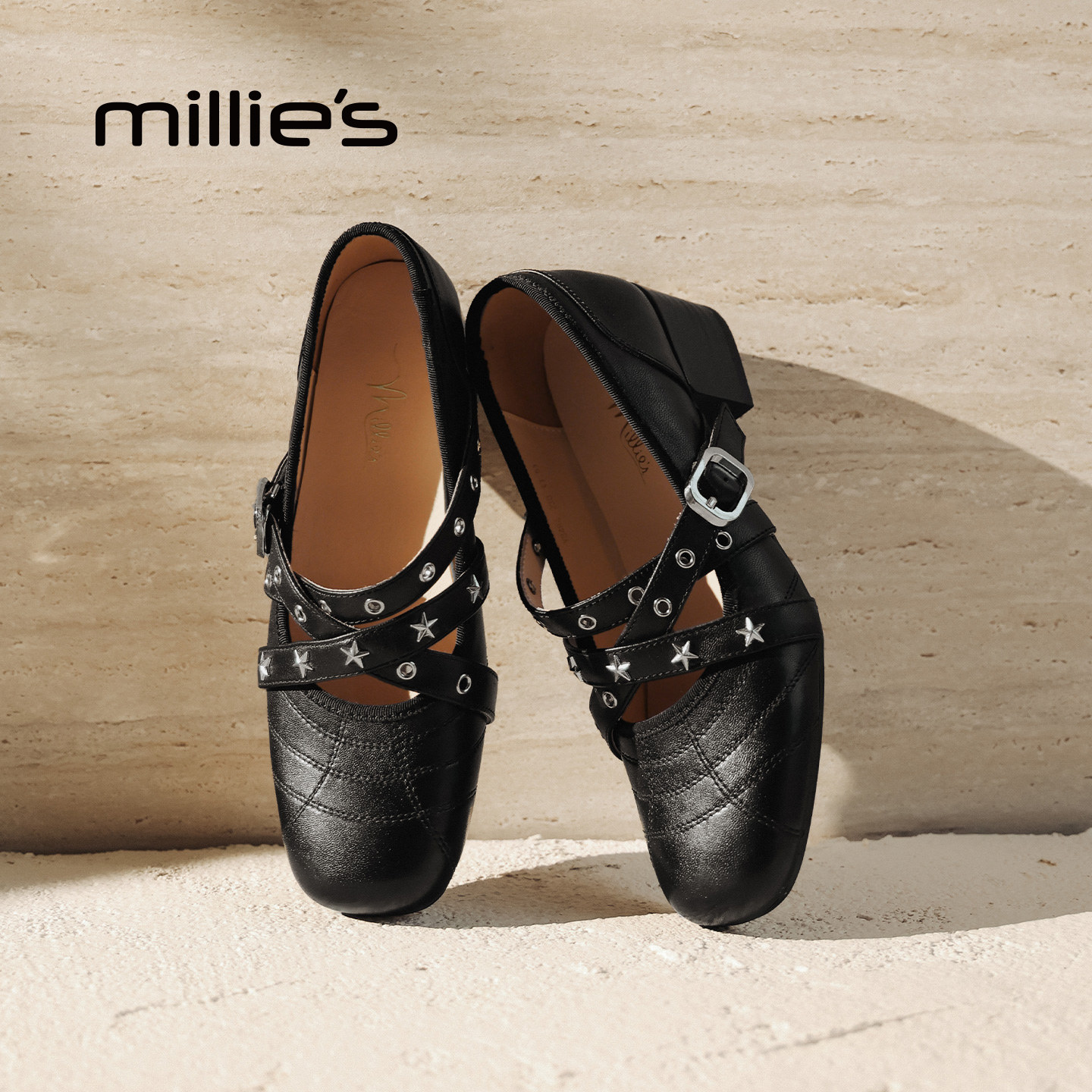 MILLIE'S/妙丽复古风真皮玛丽珍鞋女款黑色铆钉交叉带方头芭蕾鞋