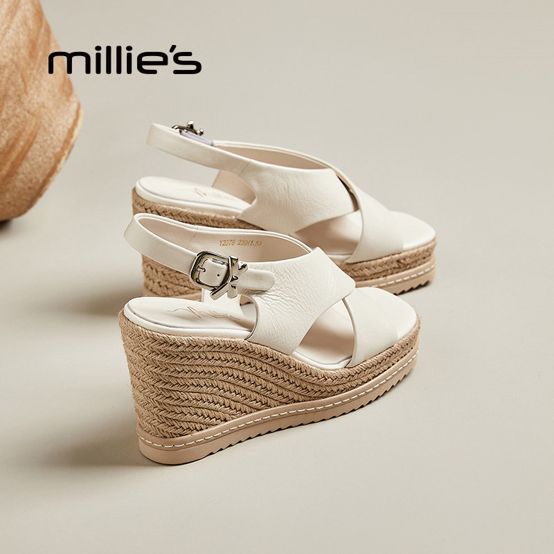 millies妙丽坡跟凉鞋女款2025夏季新款增高小个子时装高跟不累脚