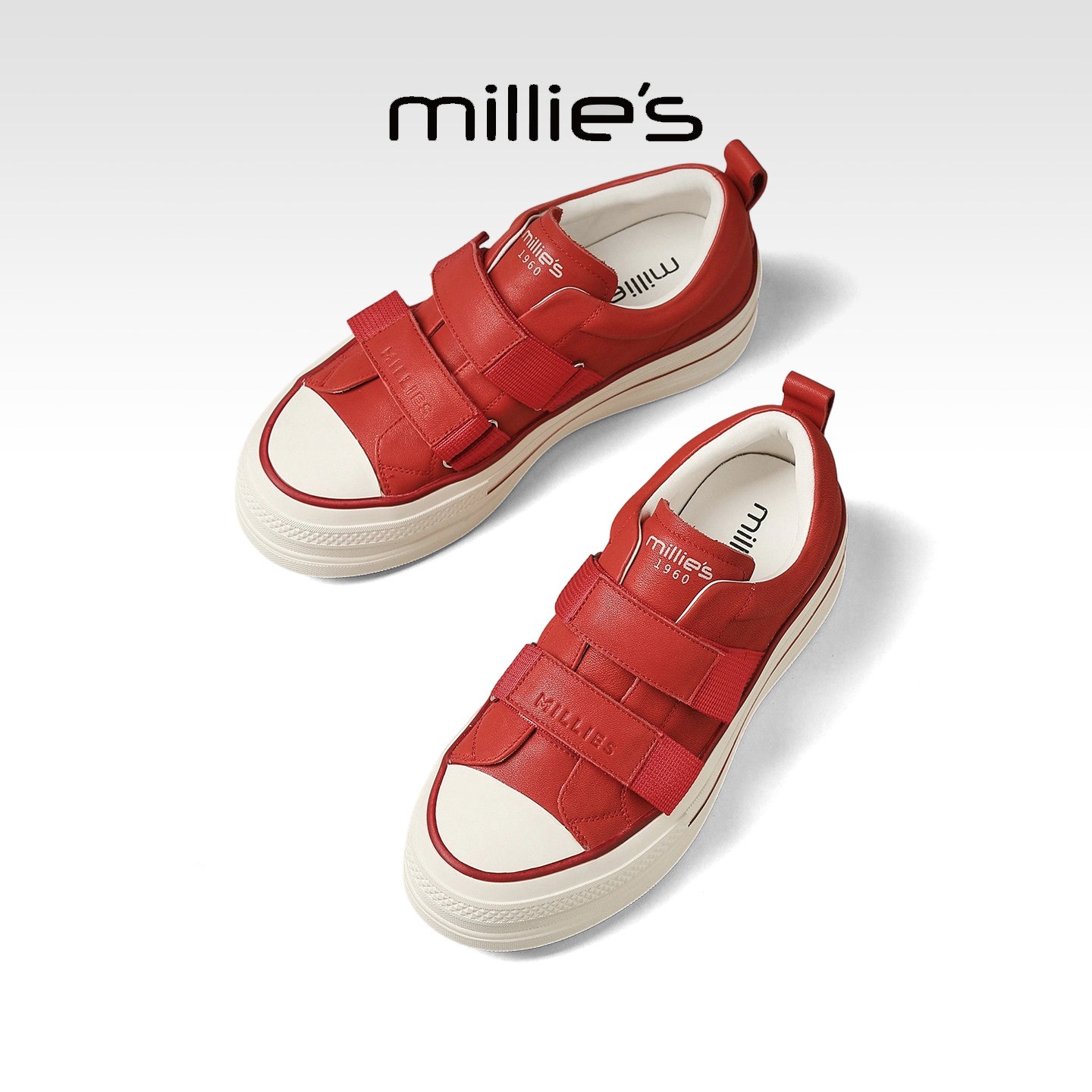 MILLIE'S/妙丽红色魔术贴深口单鞋真皮厚底松糕板鞋2026春季新款,女鞋,深口单鞋,淘宝优惠券,粉丝福利购,淘宝优惠卷