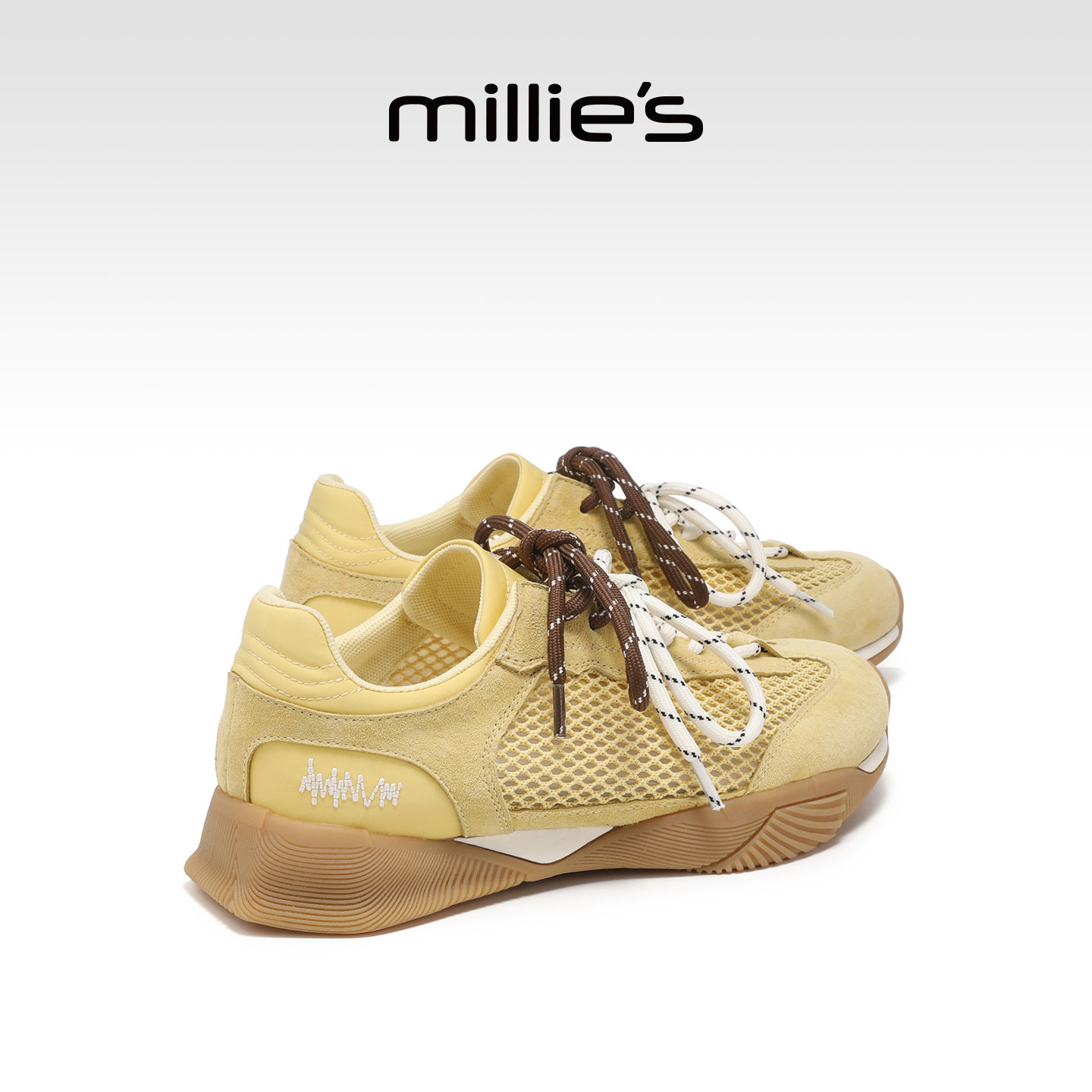 MILLIE'S/妙丽黄色德训鞋女款镂空透气阿甘鞋内增高2026新款网面