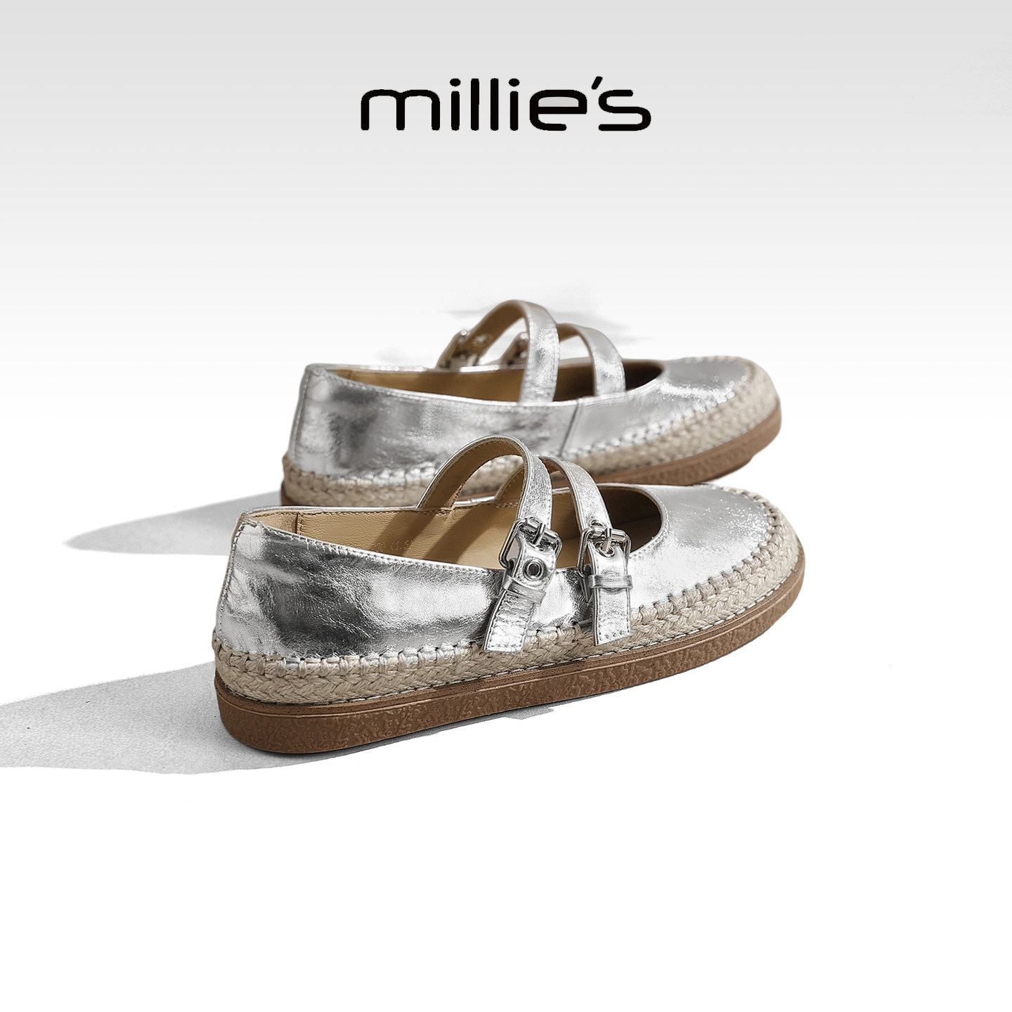 MILLIE'S/妙丽银色双排扣玛丽珍鞋春夏新款女法式复古风舒适板鞋