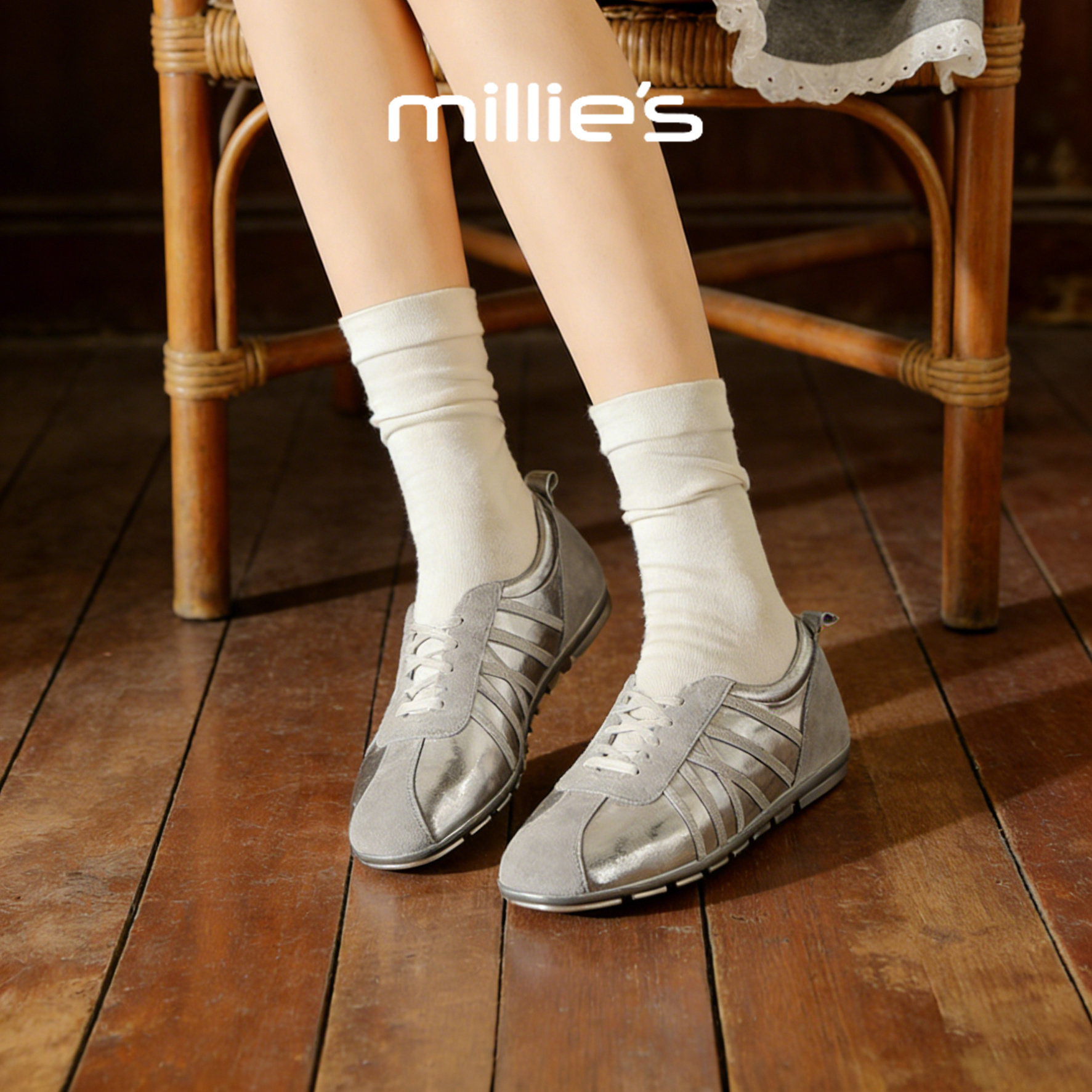 MILLIE'S/妙丽银色芭蕾德训鞋女款平底百搭休闲单鞋2026春季新款,女鞋,深口单鞋,淘宝优惠券,粉丝福利购,淘宝优惠卷