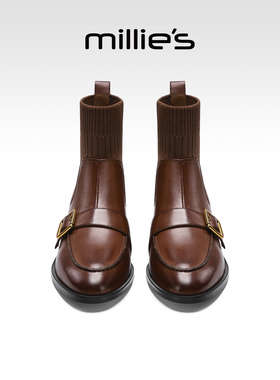 MILLIE'S/妙丽英伦风真皮弹力短靴女秋冬金属扣瘦瘦靴百搭马丁靴