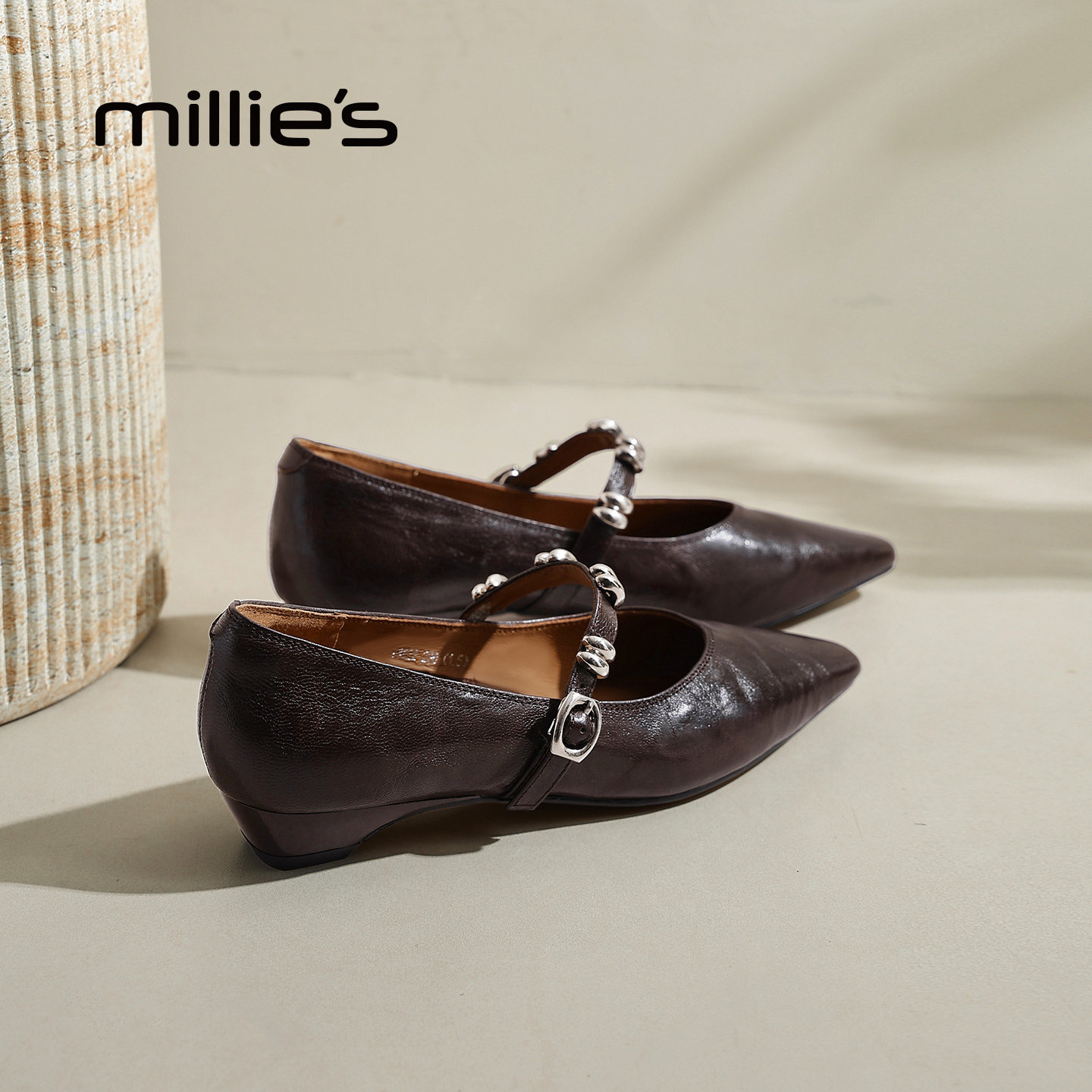 MILLIE'S/妙丽法式复古风玛丽珍鞋女款真皮尖头浅口单鞋春夏新款