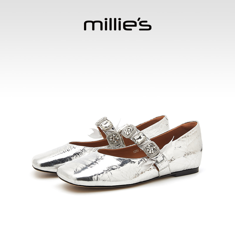 妙丽女鞋方头平底法式玛丽珍鞋