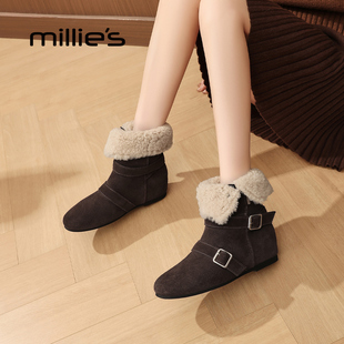 毛毛靴子短靴 保暖棉鞋 millies妙丽加绒雪地靴女靴2025新款 秋冬季