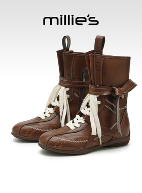 millies妙丽靴子女加绒美拉德马丁靴西部牛仔风内增高拳击靴短靴