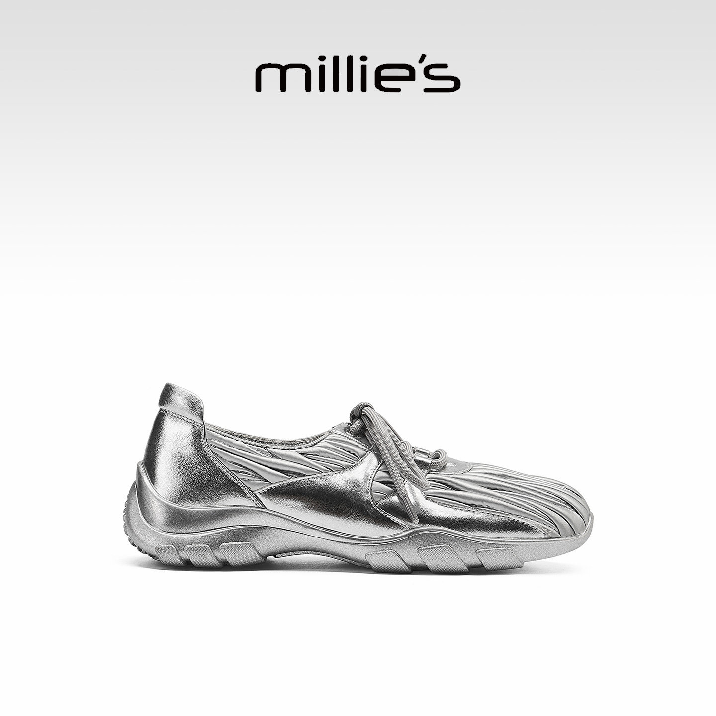 MILLIE'S/妙丽银色系带德训鞋女款真皮休闲厚底单鞋2026春夏新款