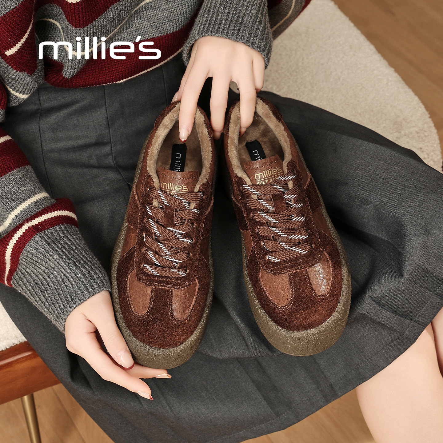 millies妙丽加绒棉鞋女鞋2025冬季新款厚底休闲板鞋系带深口单鞋,女鞋,棉鞋,淘宝优惠券,粉丝福利购,淘宝优惠卷