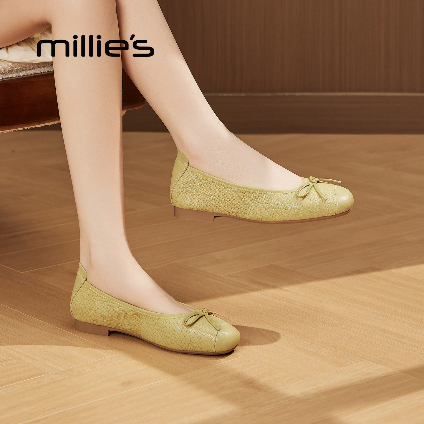 MILLIE'S/妙丽真皮压花软底圆头蝴蝶结浅口单鞋舒适百搭羊皮女鞋