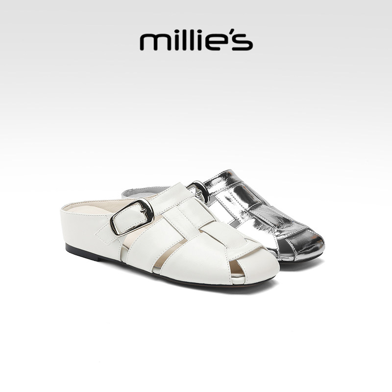 MILLIE'S/妙丽包头凉拖鞋女外穿夏季新款厚底编织一脚蹬真皮半拖