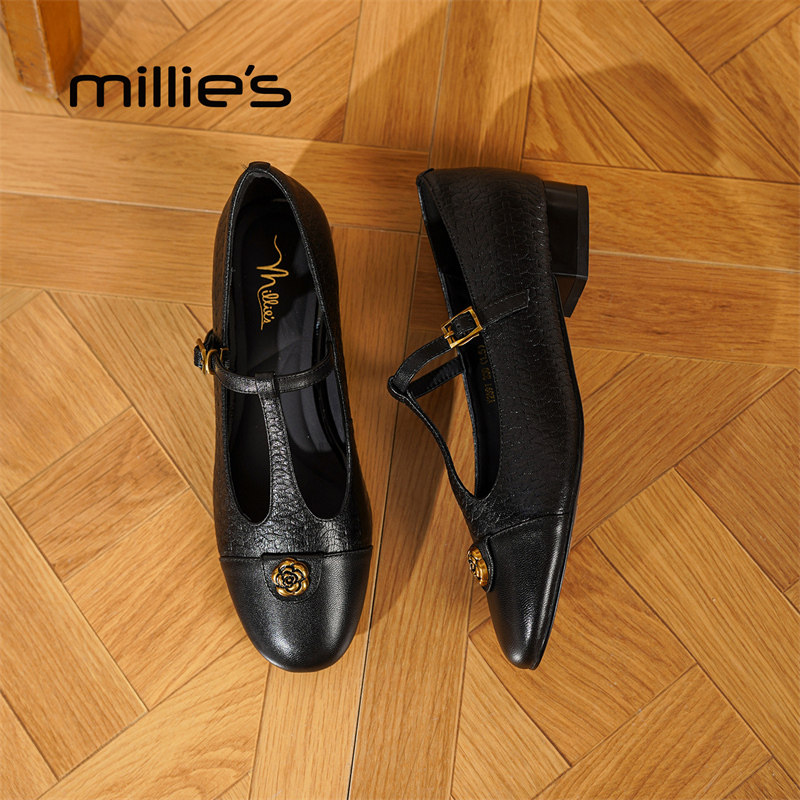 millies妙丽女鞋春季新款法式复古玛丽珍鞋圆头丁字平底浅口单鞋
