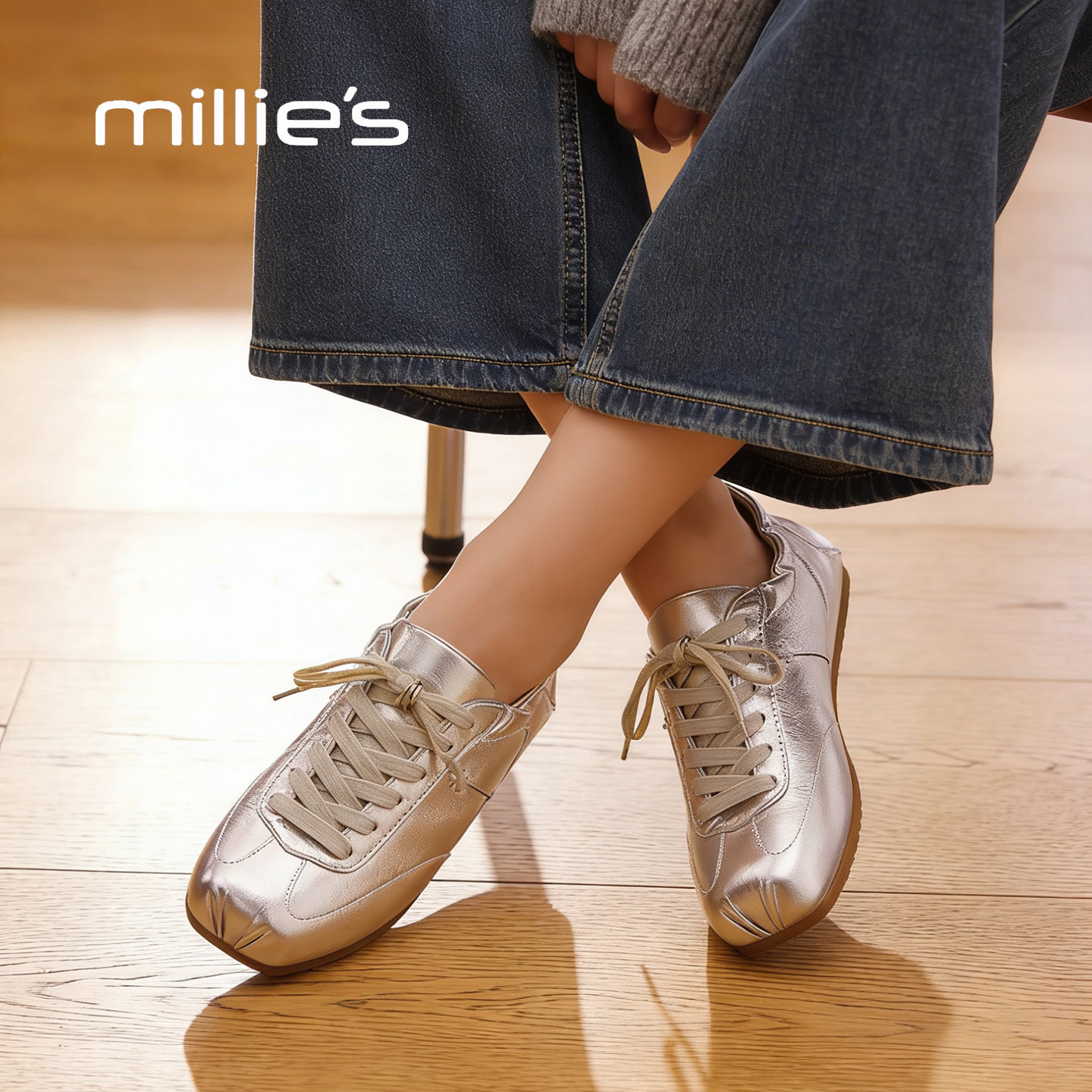 MILLIE'S/妙丽银色德训鞋2026春季新款平底百搭芭蕾风软底休闲鞋,女鞋,穆勒鞋,淘宝优惠券,粉丝福利购,淘宝优惠卷