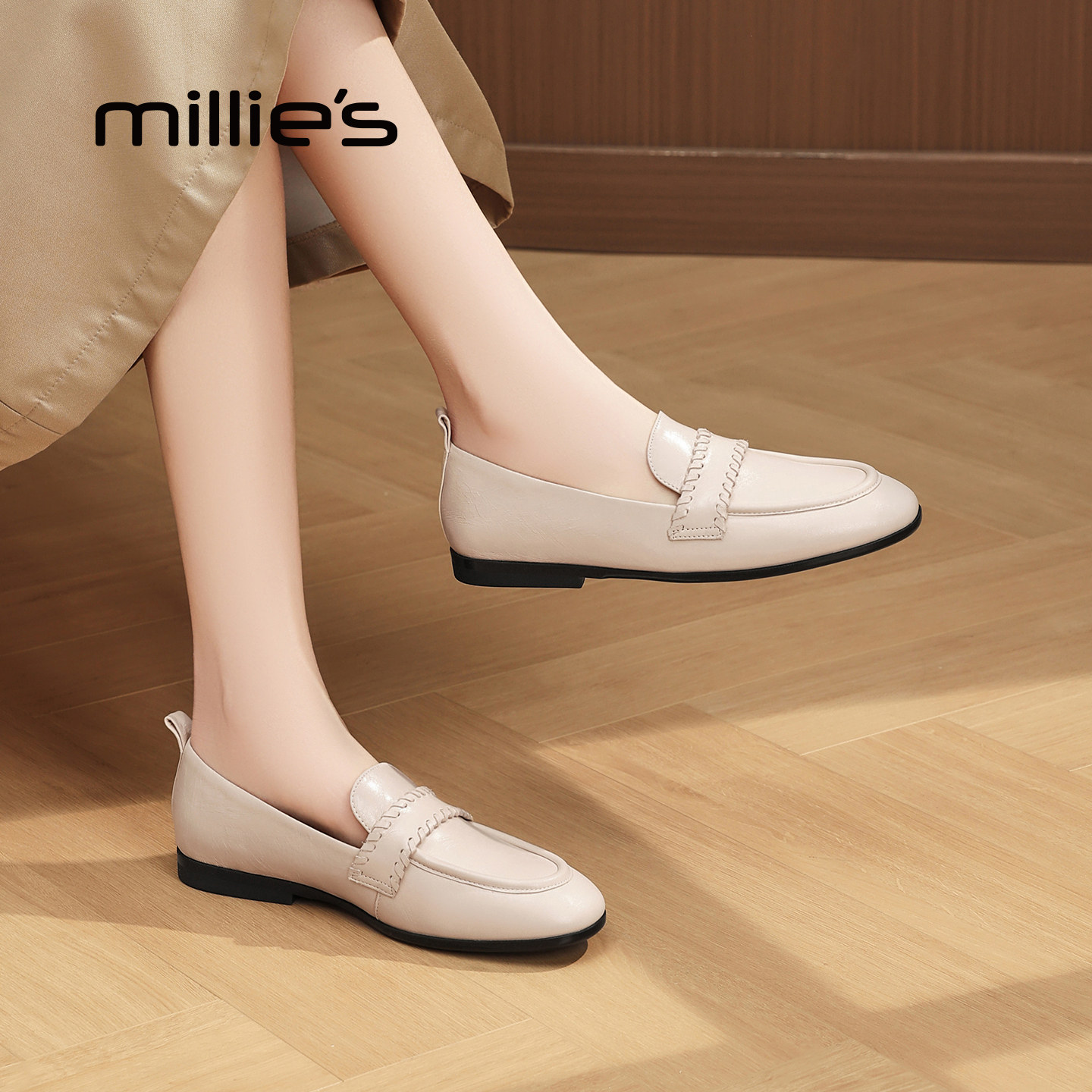 MILLIE'S/妙丽法式复古风方头乐福鞋女通勤低跟一脚蹬单鞋豆豆鞋,女鞋,浅口单鞋,淘宝优惠券,粉丝福利购,淘宝优惠卷